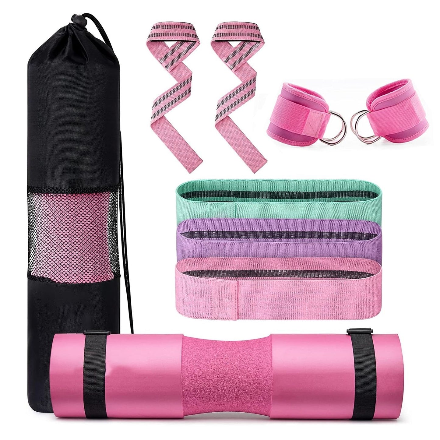 VERPEAK Barbell Squat Pad set,2 Safety Straps, 3 Hip Resistance Bands, 2 Lifting Strap, Barbell Pad and Bag (Pink)