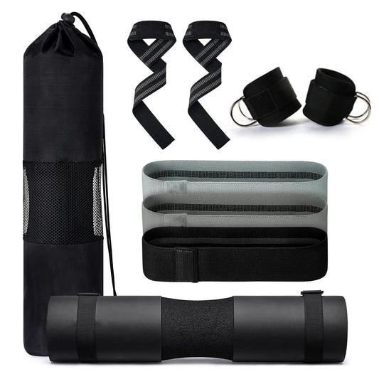 VERPEAK Barbell Squat Pad set,2 Safety Straps, 3 Hip Resistance Bands, 2 Lifting Strap, Barbell Pad and Bag (Black)