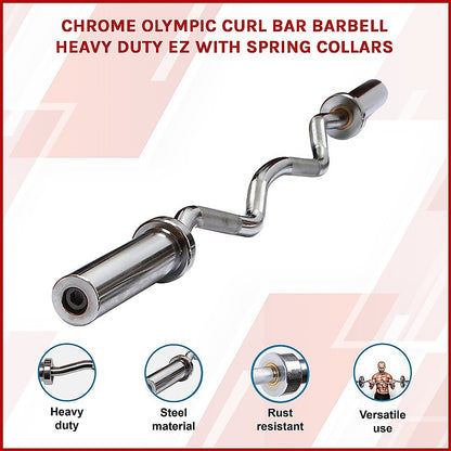 Chrome Olympic Curl Bar Barbell Heavy Duty EZ with Spring Collars