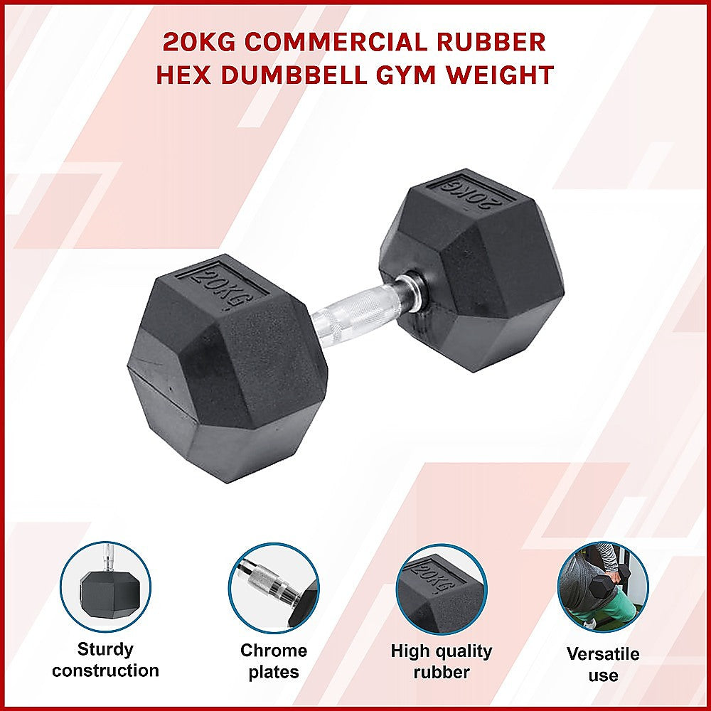 20KG Commercial Rubber Hex Dumbbell Gym Weight