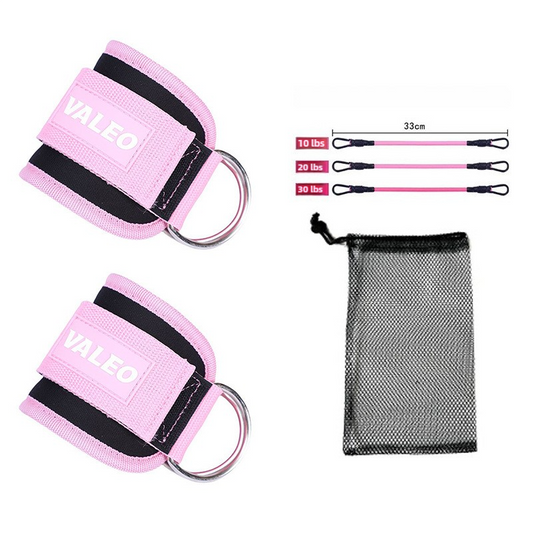 Pink Set (2 Ankle Straps + 3 elastic ropes + 1 mesh bag) Adjustable Ankle Straps for Leg and Glute Training - EVA Padded Gym Foot Straps