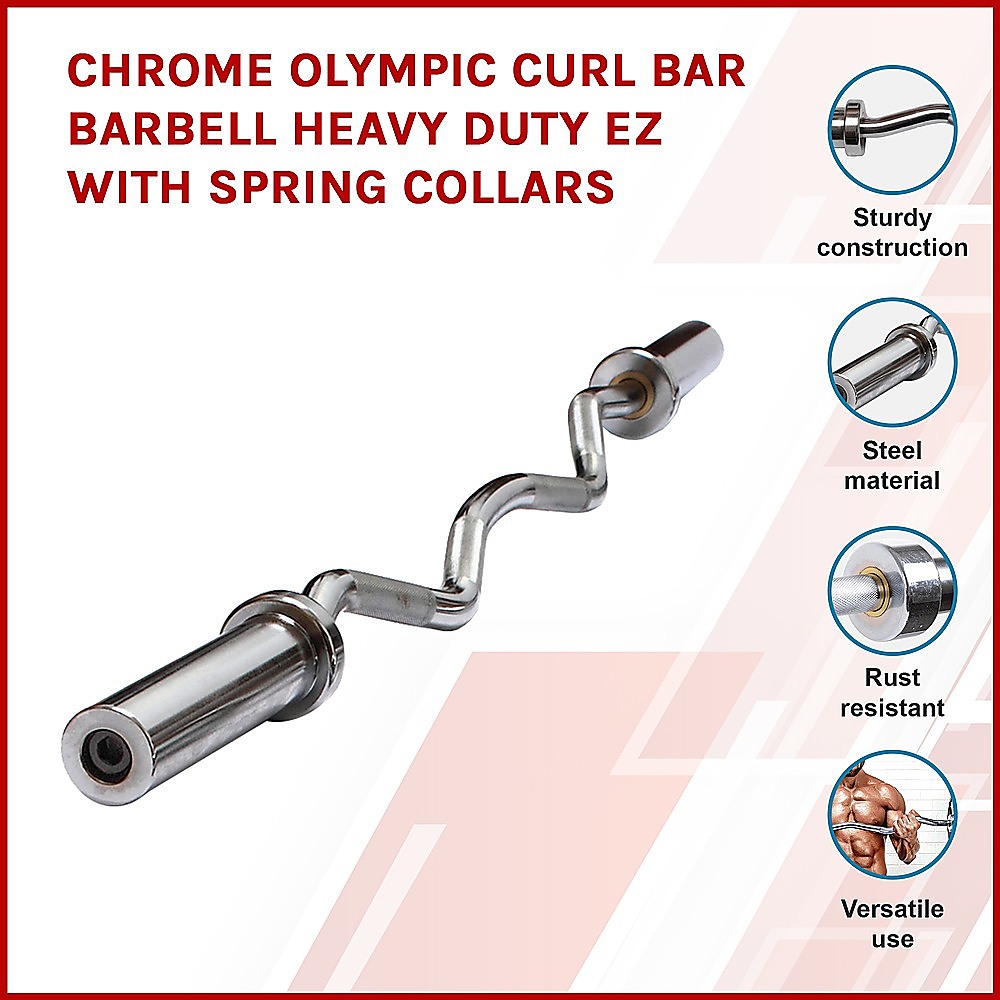 Chrome Olympic Curl Bar Barbell Heavy Duty EZ with Spring Collars